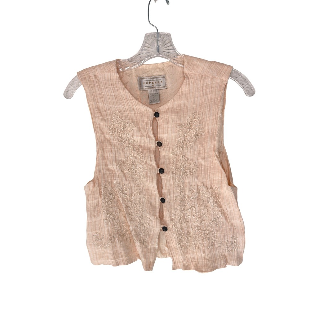 Express Vest Women's Vintage Embroidered Dainty Cream Cropped Neutral Large